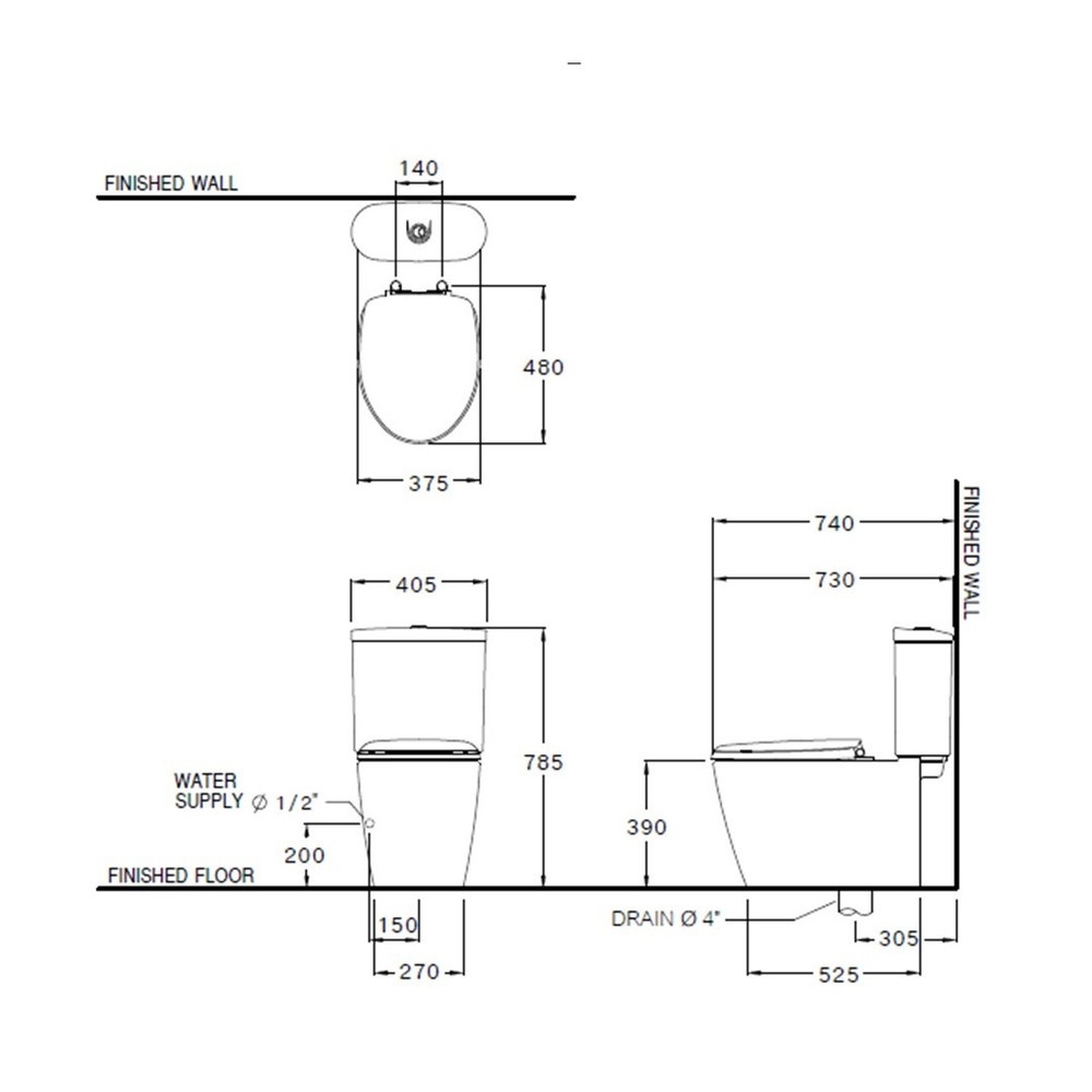 สุขภัณฑ์สองชิ้น รุ่น 3x3 -E1 C16817 ขนาด  ขาว