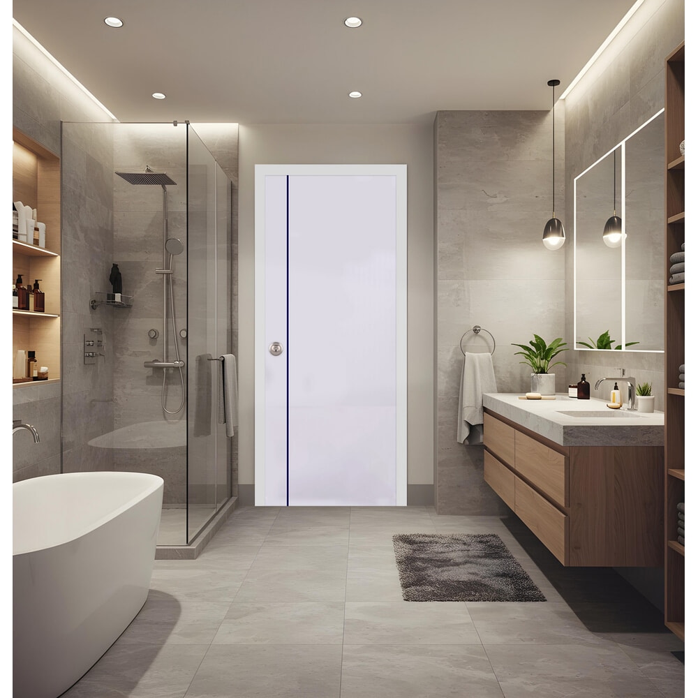 WELLINGTAN ประตู UPVC Profile รุ่น  WT1 (สำหรับใช้ห้องน้ำภายใน) เซาะร่องเส้นสีน้ำเงิน ขนาด 70x200 ซม. สีขาว (เจาะลูกบิด)
