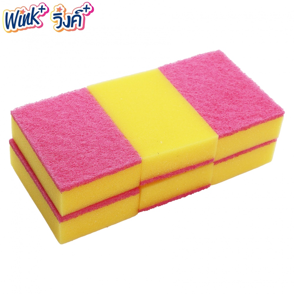 Wink Plus ฟองน้ำล้างจานเนื้อละเอียดพร้อมใยขัด แพ็ค 6 ชิ้น ขนาด 10x7 ซม. สีชมพู