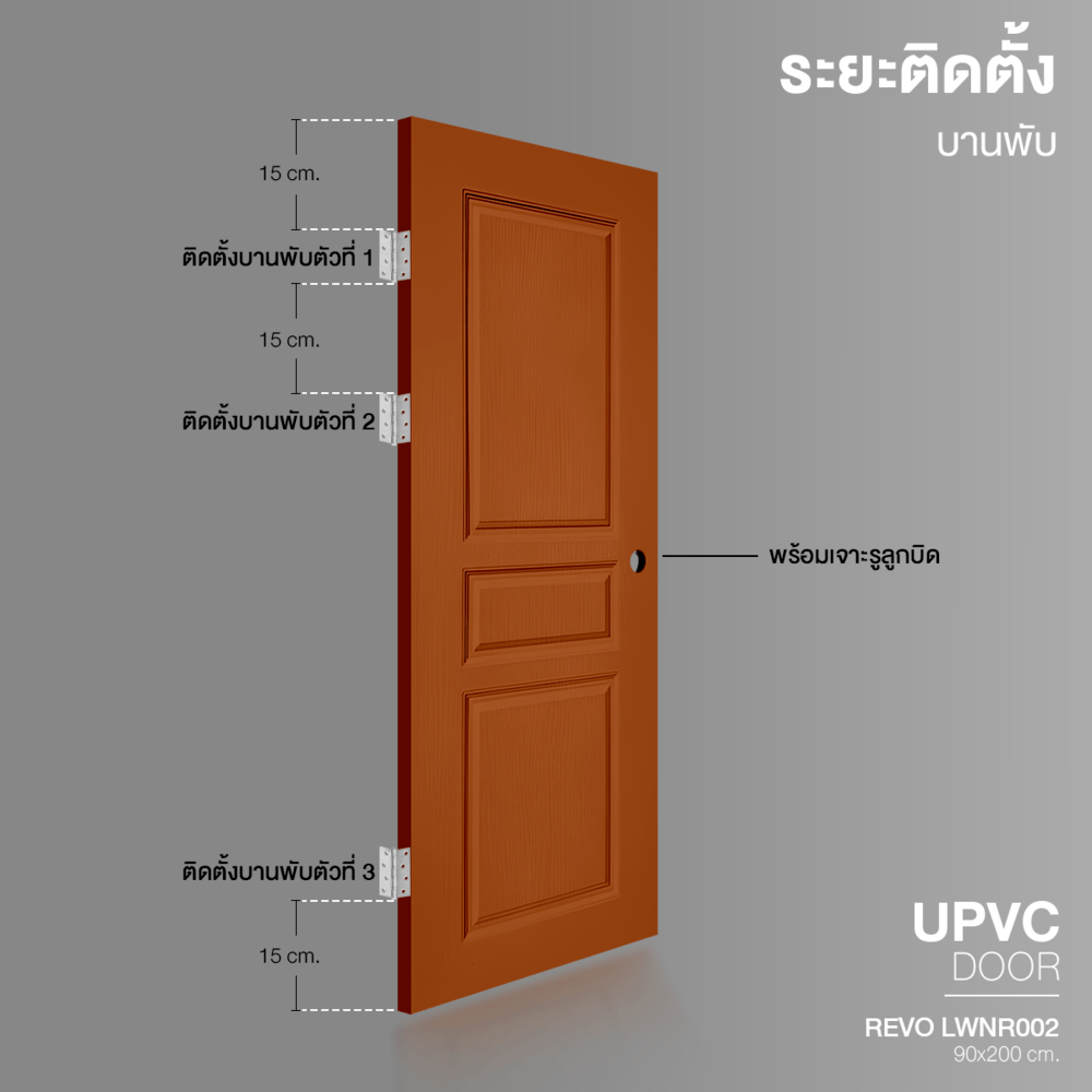 WELLINGTAN ประตูยูพีวีซี บานทึบ 3ลูกฟัก REVO LWNR002 90x200ซม. ORANGE TEAK (เจาะรูลูกบิด) LWNR002 สีสัก