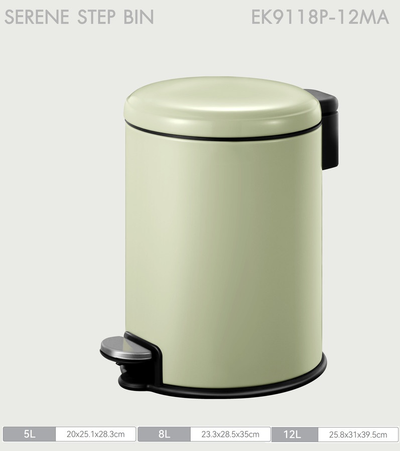 EKO ถังขยะเหล็กเคลือบขาเหยียบทรงกลม 12 ลิตร รุ่น SERENE EK9118P-12MA ขนาด 25.80x31.10x39.50 ซม. สีเขียวอ่อน