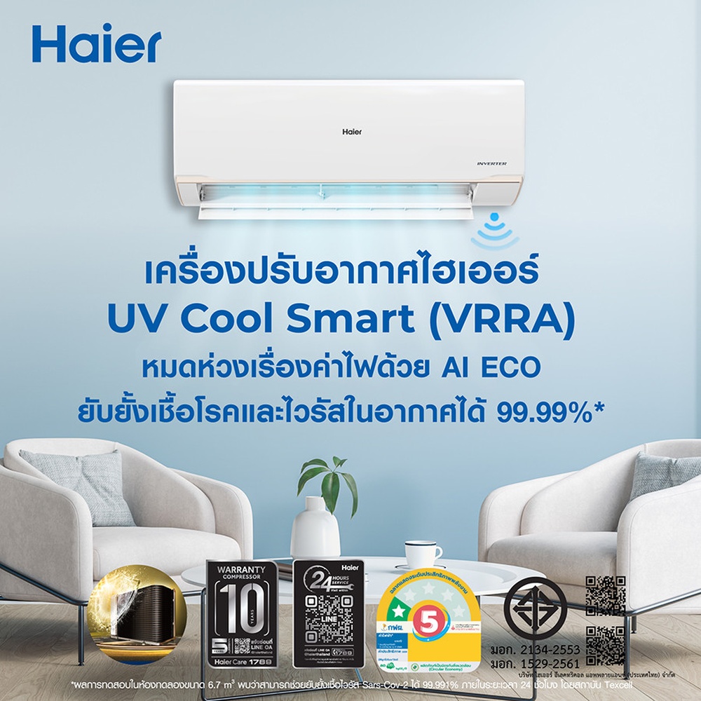 HAIER เครื่องปรับอากาศ Inverter ขนาด 18,000 BTU รุ่น HSU-18VRRA05BF สีขาว