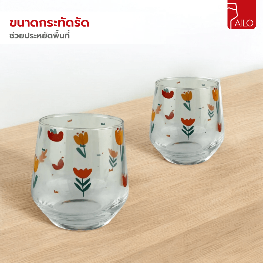 AILO ชุดแก้วน้ำใสลายดอก 360มล. (2ใบ/แพ็ค) BENGY02