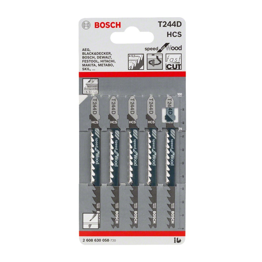 BOSCH ใบเลื่อยจิ๊กซอร์ ตัดไม้โค้ง  รุ่น T244D (5 ใบ/แผง)