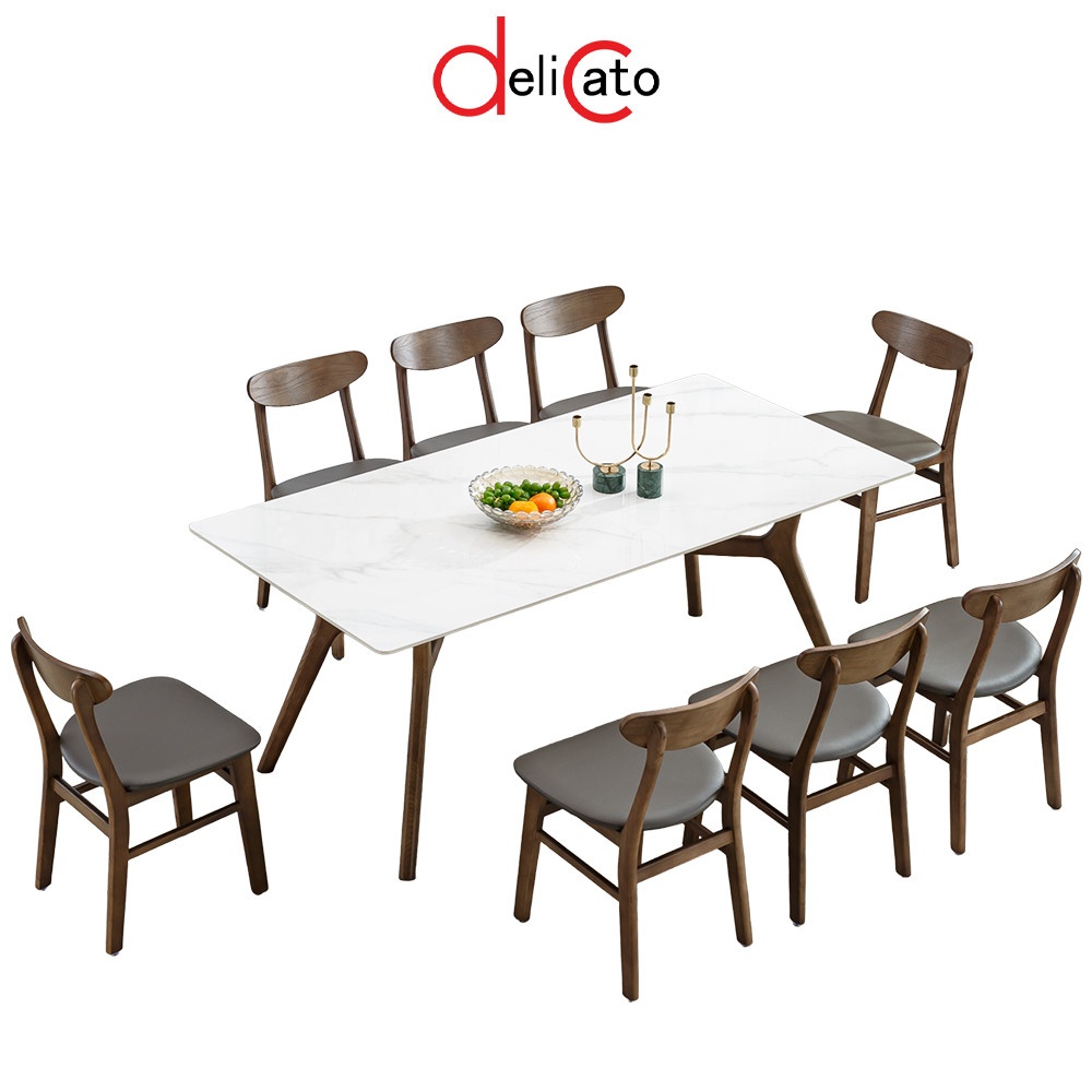 DELICATO ชุดโต๊ะอาหารท็อปหินอ่อน 8 ที่นั่ง รุ่น Hinoki ขนาดโต๊ะ 90x180x75 ซม. ขนาดเก้าอี้ 46x55x76 ซม. สีขาว (1/6)