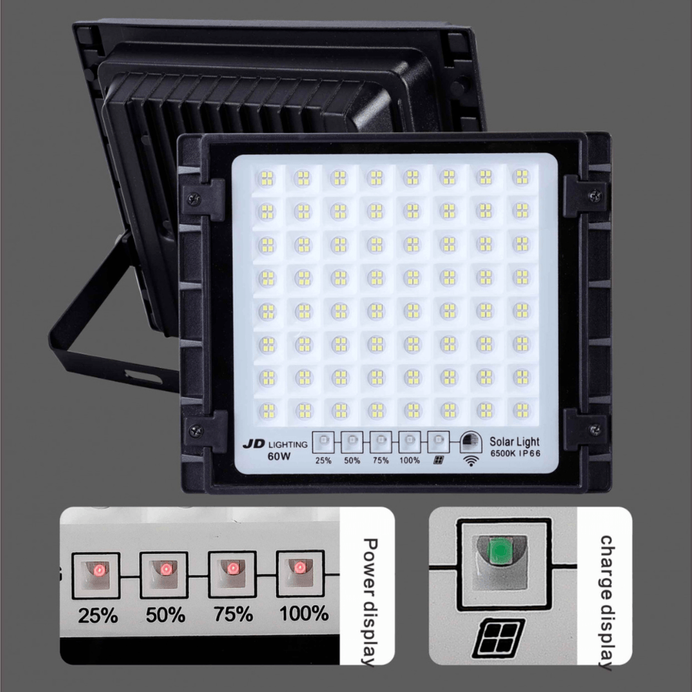 JD โคมไฟสปอร์ตไลท์โซลาร์เซลล์ 60W พร้อมรีโมท รุ่นJTGD-8860D +รีโมท IP65 แสงเดย์ไลท์