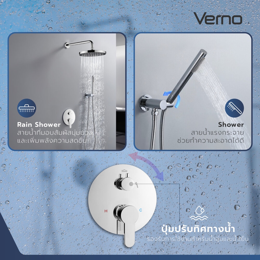 Verno ชุดวาล์วฝังผนังพร้อมฝักบัวสายอ่อน 1 ระบบ รุ่น Rainy-CH สีโครม