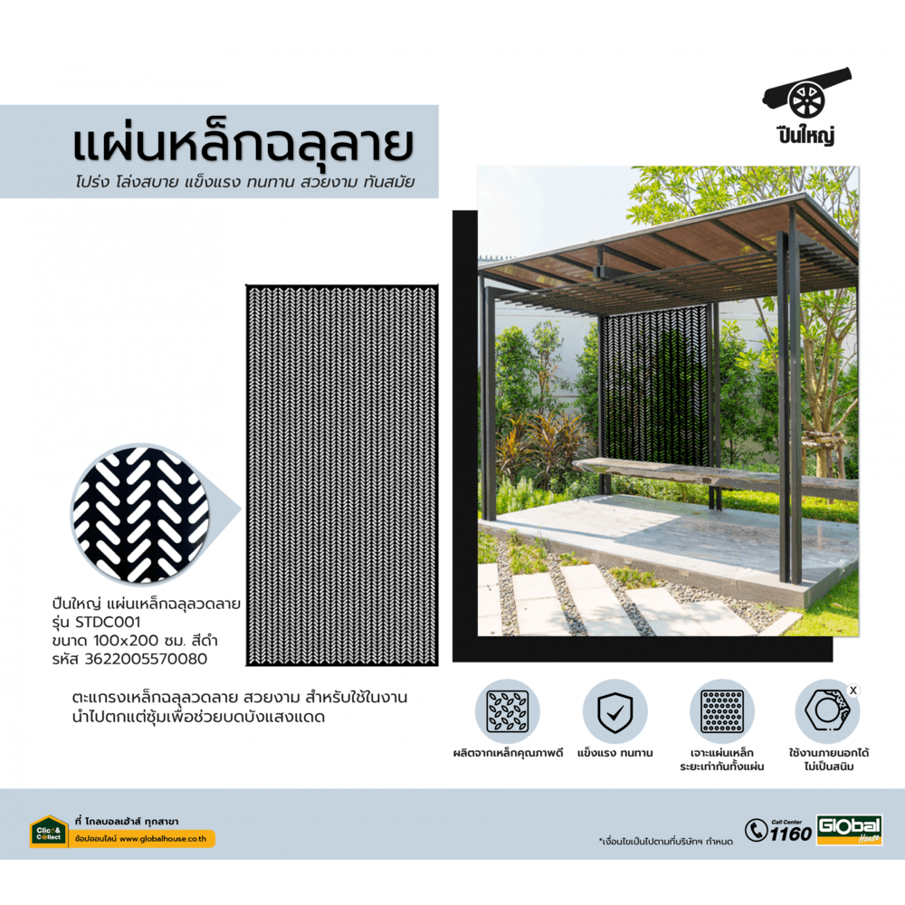 ปืนใหญ่  แผ่นเหล็กฉลุลวดลาย  ขนาด 100x200 ซม. รุ่น STDC001 สีดำ