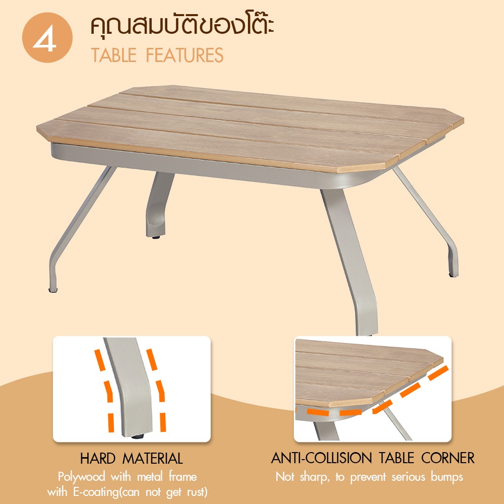 SUMMER SET ชุดโต๊ะสนาม 4 ที่นั่ง รุ่น SALLY ขนาด โต๊ะ: 100x60x46 ซม. เก้าอี้ 1ที่นั่ง :76x90x87 ซม. เก้าอี้ 2 ที่นั่ง : 153x90x87 ซม. สีน้ำตาล (1/2)