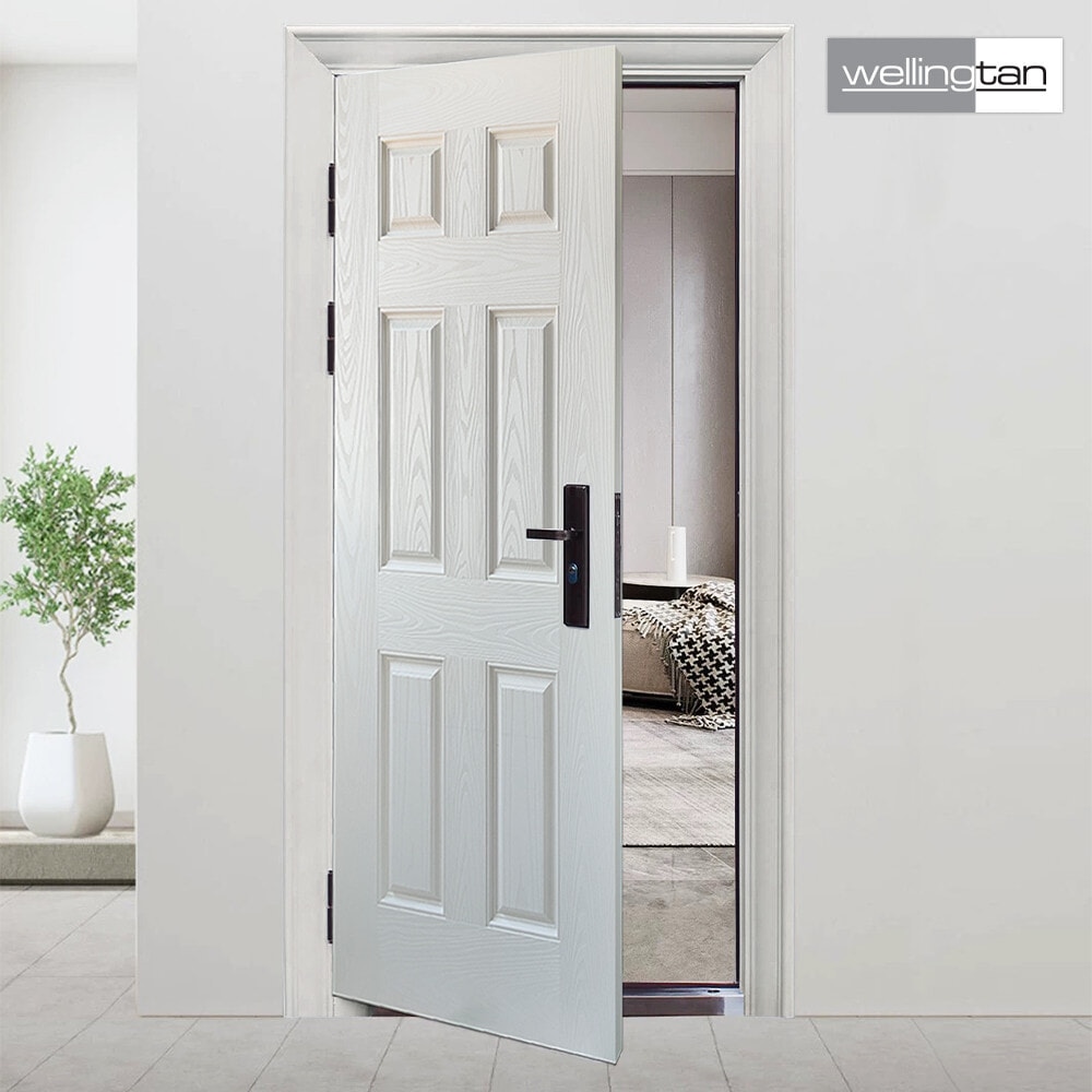WELLINGTAN ประตูไฟเบอร์กลาส รุ่น P06-K01 80x200 ซม.  สีขาวลายโอ๊ค  (เจาะลูกบิด)