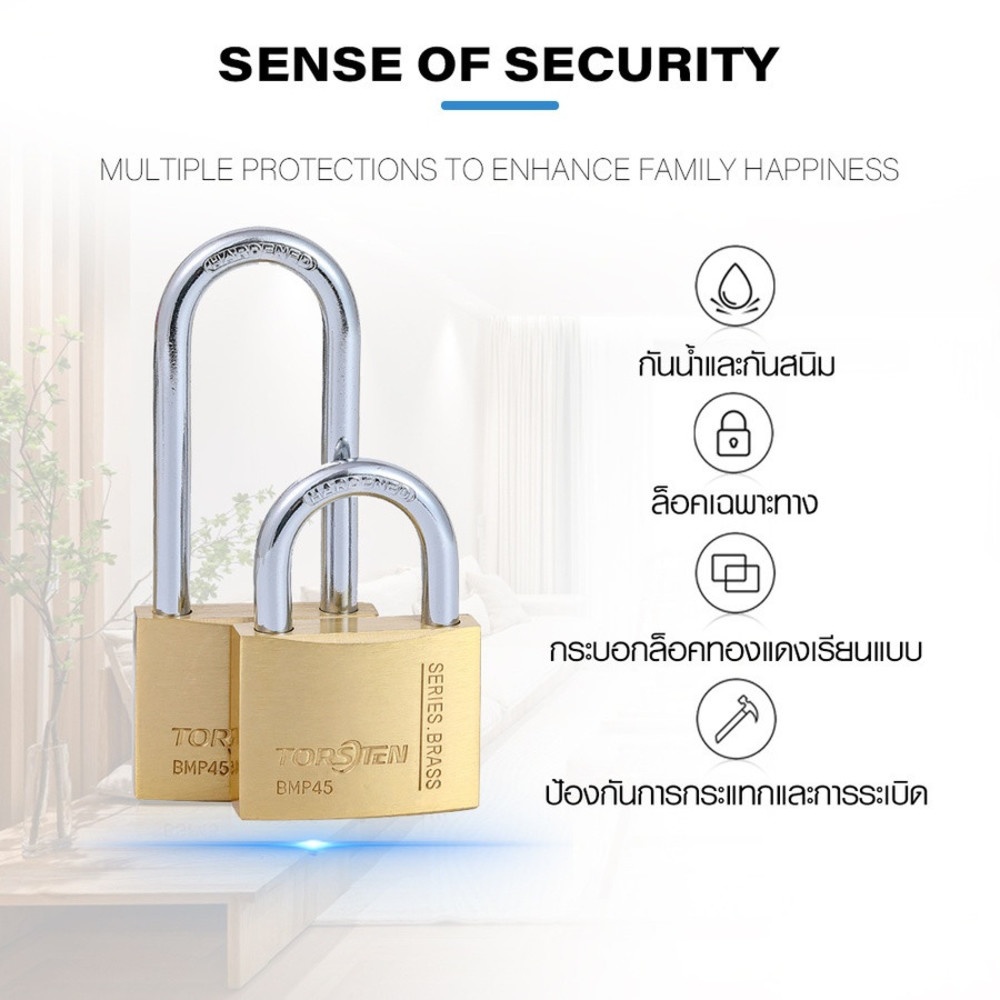 TORSTEN กุญแจคล้องทองเหลืองระบบสปริง 50มม. BMP-265-L (ห่วงยาว)