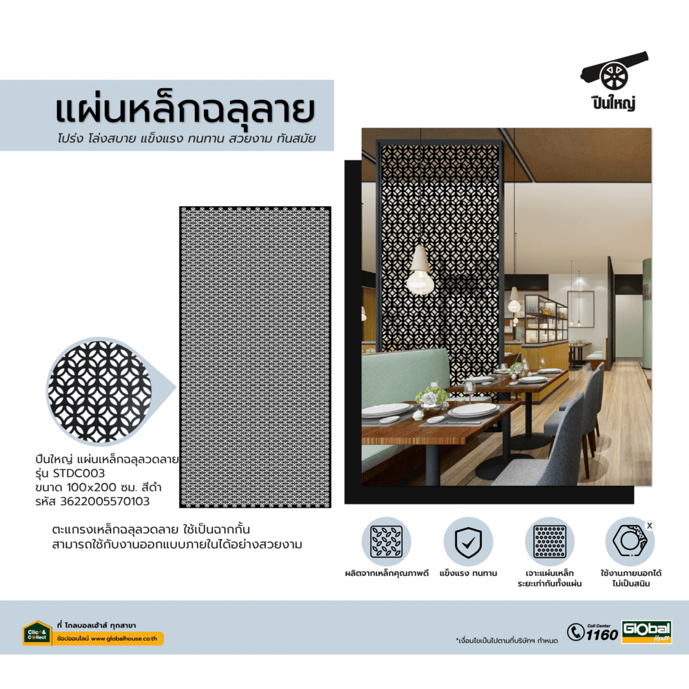 ปืนใหญ่  แผ่นเหล็กฉลุลวดลาย ขนาด 100x200 ซม. รุ่น STDC003 สีดำ