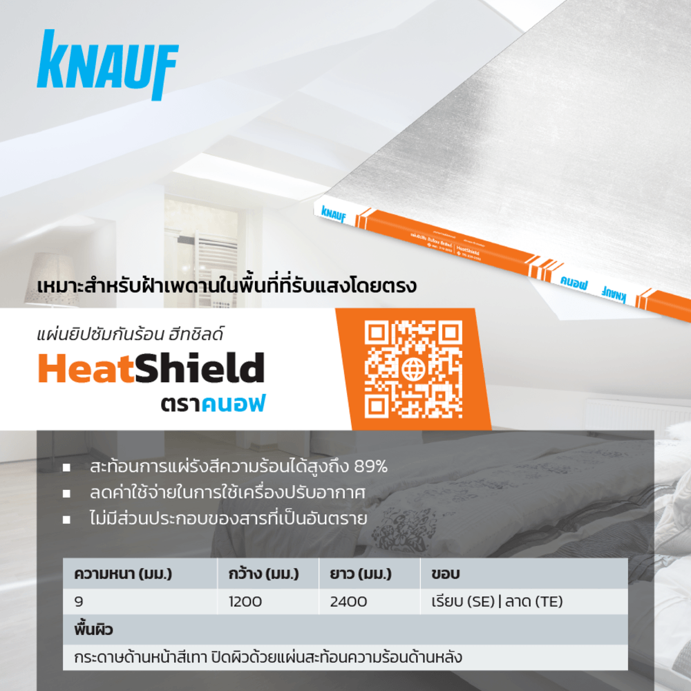 คนอฟ ยิปซั่มบอร์ด ชนิดทนร้อน 9มม.x120x240 ซม. ขอบลาด