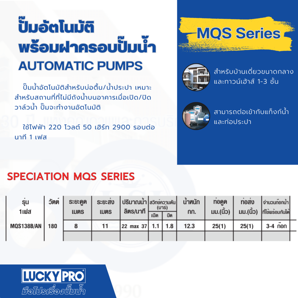 LUCKY PRO ปั๊มน้ำอัตโนมัติ 180W รุ่น LP-MQS138B/A