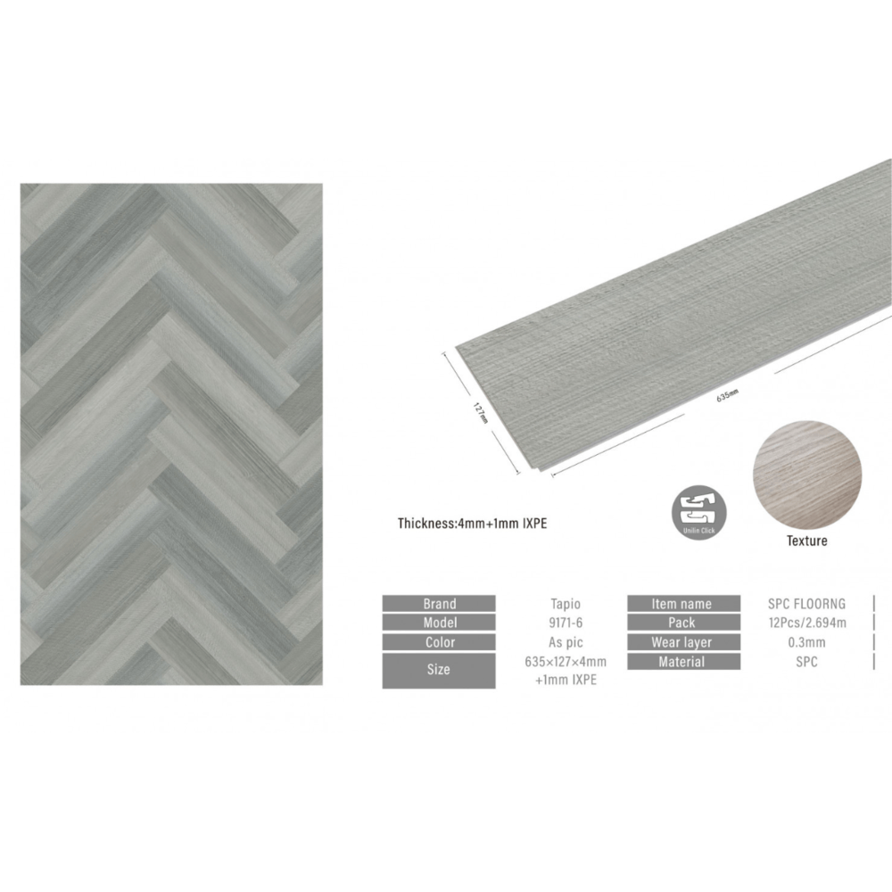 กระเบื้องยาง SPC Click lock 127x635x4+1mm มม รุ่น 29171-6 (1.774ตรม./22แผ่น) TAPIO สี Grey Pine ปูแบบก้างปลา (herringbone)