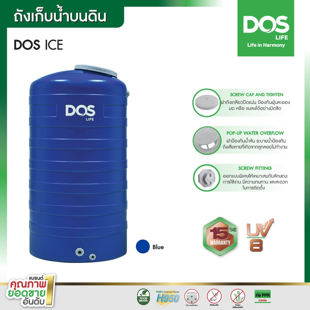 DOS ถังเก็บน้ำบนดินสีเรียบ ขนาด 2000L รุ่น Ice สี Ice Blue