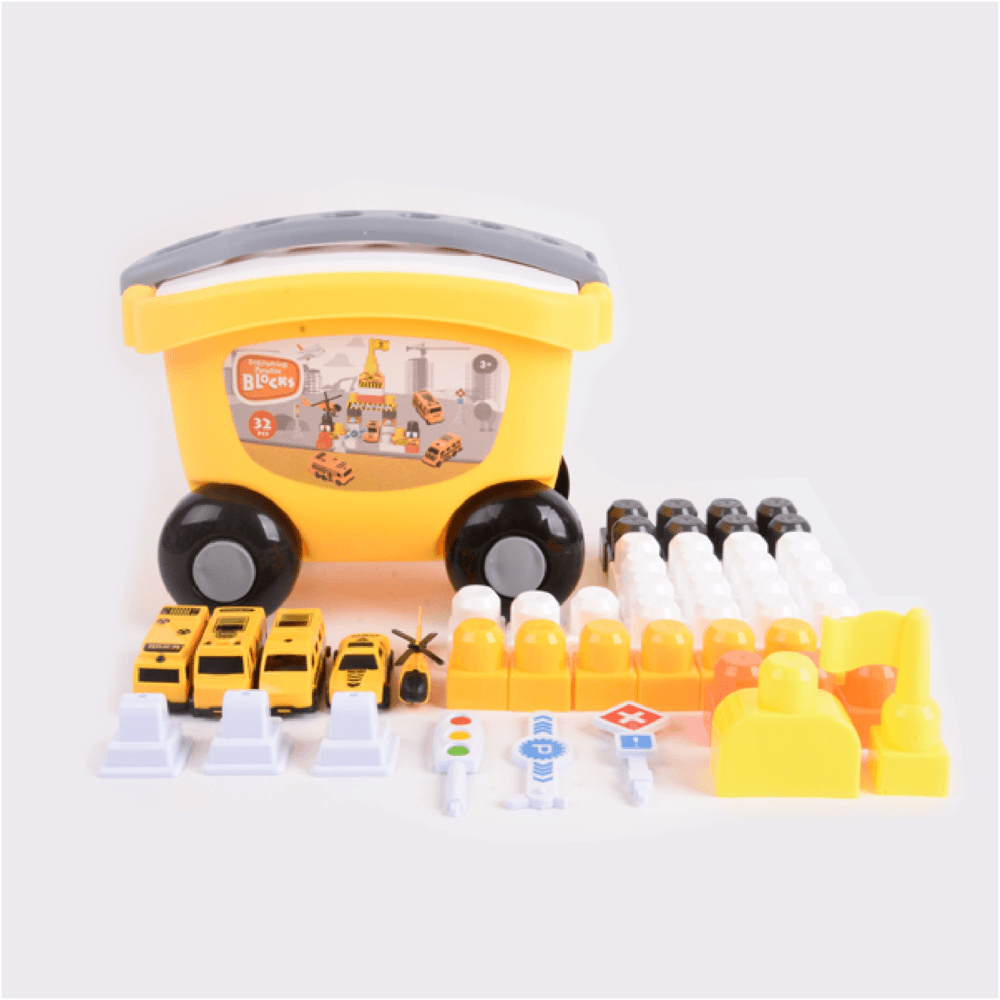TOYS ของเล่นชุดตัวต่อยานพาหนะก่อสร้างพร้อมกล่องรถเข็นมือ(32ชิ้น) รุ่น#BEZ-047 ขนาด28x19x21ซม.สีเหลือง