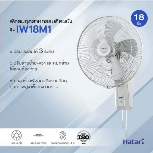 HATARI พัดลมอุตสาหกรรมติดผนัง 18" IW18M1 เทา