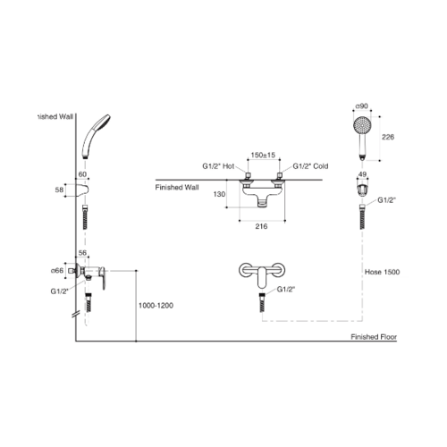 ก๊อกผสมยืนอาบแบบติดผนังพร้อมฝักบัวสายอ่อน รุ่น K-99463T-4-CP คูมิน KUMIN KOHLER