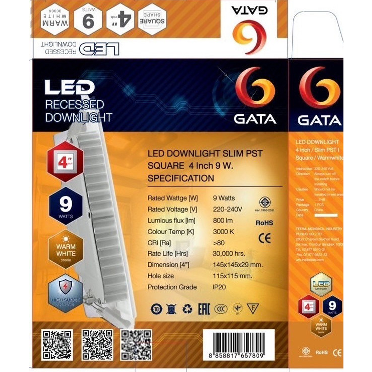 GATA โคมดาวไลท์ LED แบบฝังฝ้าหน้าเหลี่ยม ขอบสีขาว 4นิ้ว 9W รุ่น Slim1  แสงวอร์มไวท์