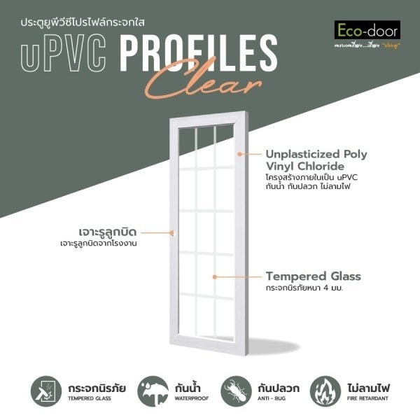 ECO-DOOR ประตู UPVC โปรไฟล์ รุ่น 15 Light ภายใน ขนาด 80x200 ซม. สีขาว (เจาะลูกบิด)