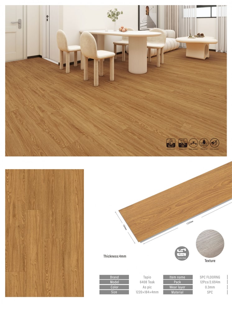 กระเบื้องยาง SPC Click lock 184x1220x4มม รุ่น 6408 (2.694ตรม./12แผ่น) TAPIO Teak