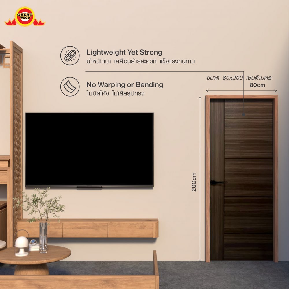 HOLZTUR ประตูปิดผิวเมลามีนเซาะร่อง 5เส้น ขนาด80x200ซม. สี Dark Grey (เจาะ)