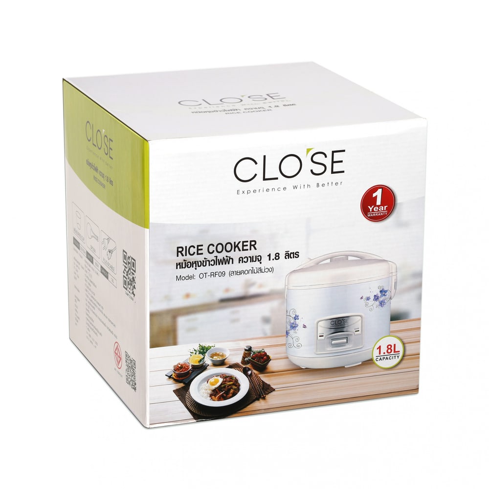 CLOSE หม้อหุงข้าว ความจุ 1.8 ลิตร รุ่น OT-RF09 (ลายดอกไม้สีม่วง) สีขาว