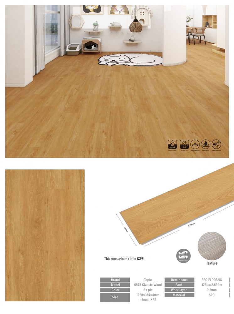 กระเบื้องยาง SPC Click lock 184x1220x4+1mm IXPE มม (มีโฟมในตัว) รุ่น 6578 (2.694ตรม./12แผ่น) TAPIO Classic Wood