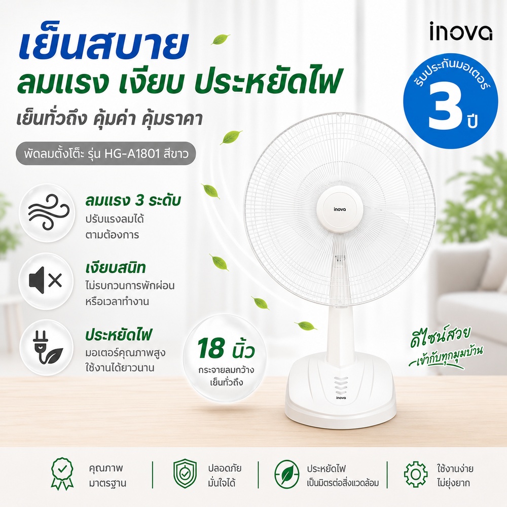 INOVA พัดลมตั้งโต๊ะ 18 นิ้ว รุ่นHG-A1801 สีขาว
