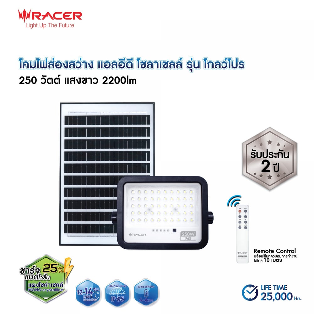RACER โคมไฟฟลัดไลท์ แอลอีดี โซล่าเซลล์ รุ่น โกลว์โปร 250W แสงขาว (แพ็ก 2)
