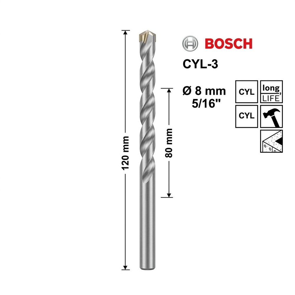 BOSCH ดอกเจาะปูน สีเงิน CYL-3 : 8 x 80/120 มม.