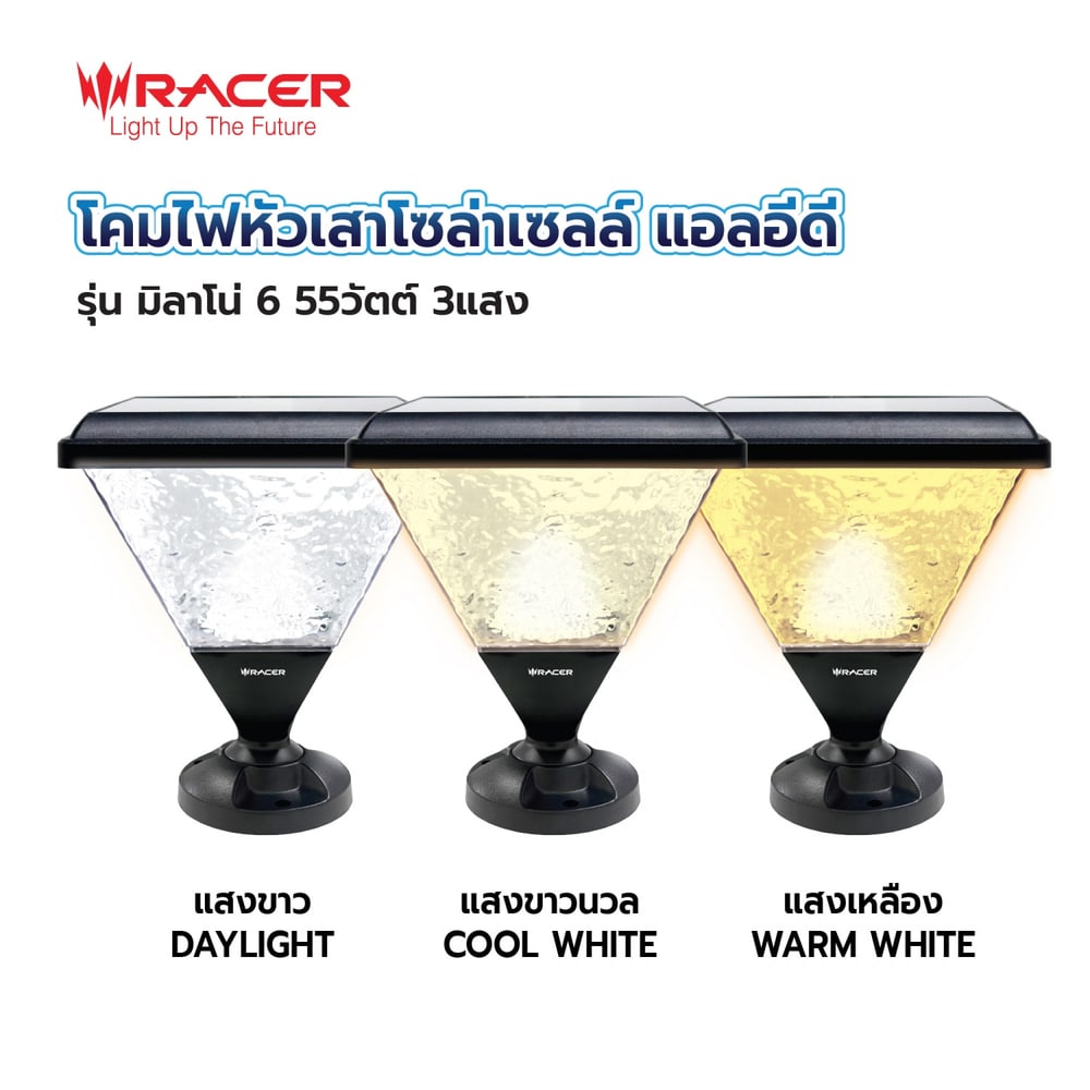 RACER โคมไฟหัวเสาโซล่าเซลล์ แอลอีดี รุ่น มิลาโน่6 55 วัตต์ สามแสง