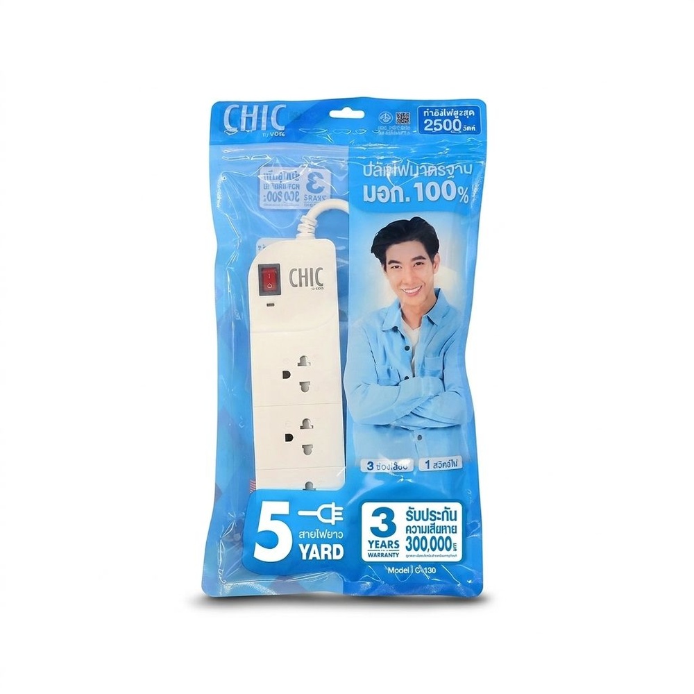 รางปลั๊กไฟ 3 ช่อง 1 สวิตซ์ VOX CHIC F5STB-CH05-1302 สีขาว 5 หลา.