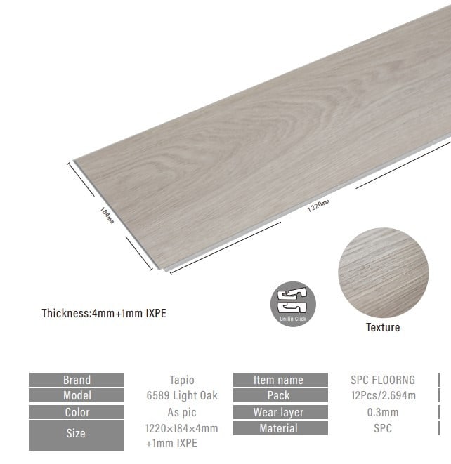 กระเบื้องยาง SPC Click lock 184x1220x4+1mm IXPE มม (มีโฟมในตัว) รุ่น 6589 (2.694ตรม./12แผ่น) TAPIO สีไม้แอชไวท์