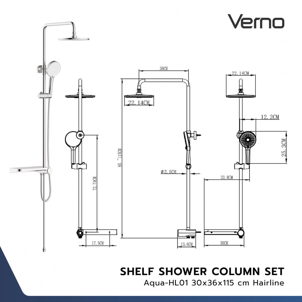 Verno ชุดฝักบัวเรนชาวเวอร์สเตนเลส 304 หัวกลม 3 ระบบ รุ่น Aqua-HL01 ขนาด 30x36x115 ซม. สีเงินแฮร์ไลน์