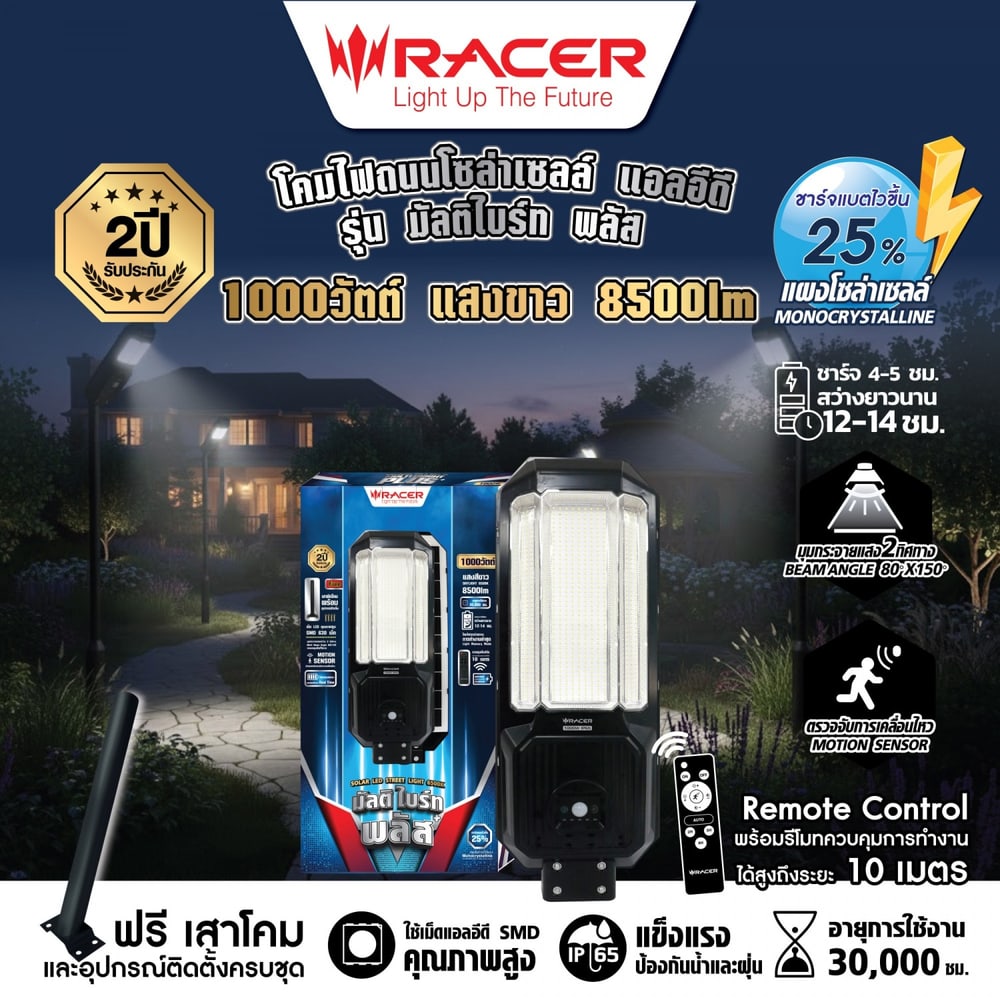RACER โคมไฟถนนโซลาร์เซลล์ LED 1000W รุ่น มัลติไบรท์ พลัส แสงขาว
