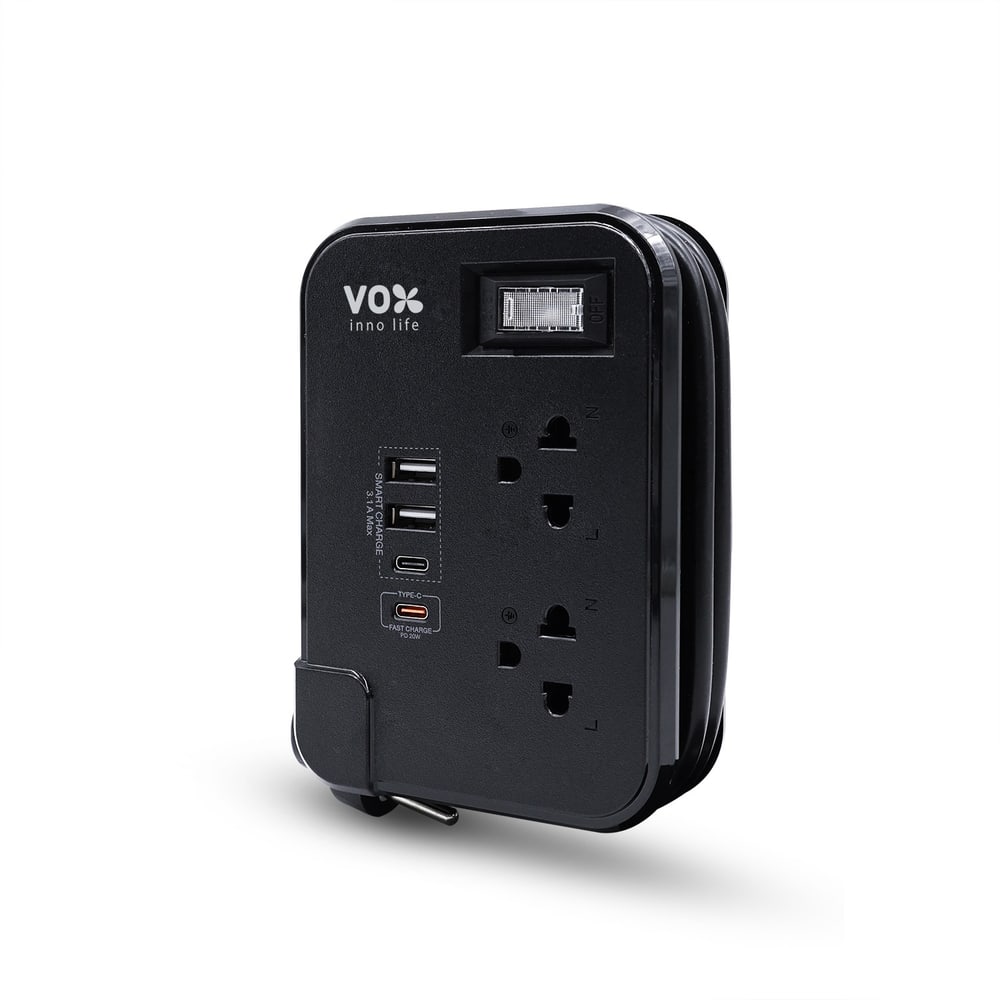 VOX รางปลั๊กไฟ 2 ช่อง 1 สวิตซ์ 2 USB 2 Type C PD20W Fast charge รุ่น F5ST3-NOB2-2134 1 เมตร. สีดำ