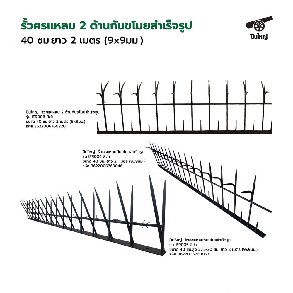 ปืนใหญ่ รั้วศรแหลมกันขโมยสำเร็จรูป ขนาด 40 ซม. ยาว 2 เมตร (9x9มม.) รุ่น IFR004 สีดำ