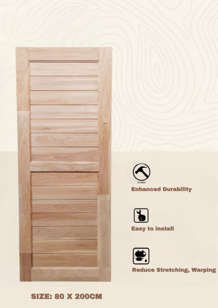 GREATWOOD ประตูไม้มะฮอกกานี 2 ฟัก บานทึบเซาะร่อง รุ่น FJ 80*200 ซม. สีไม้ธรรมชาติ