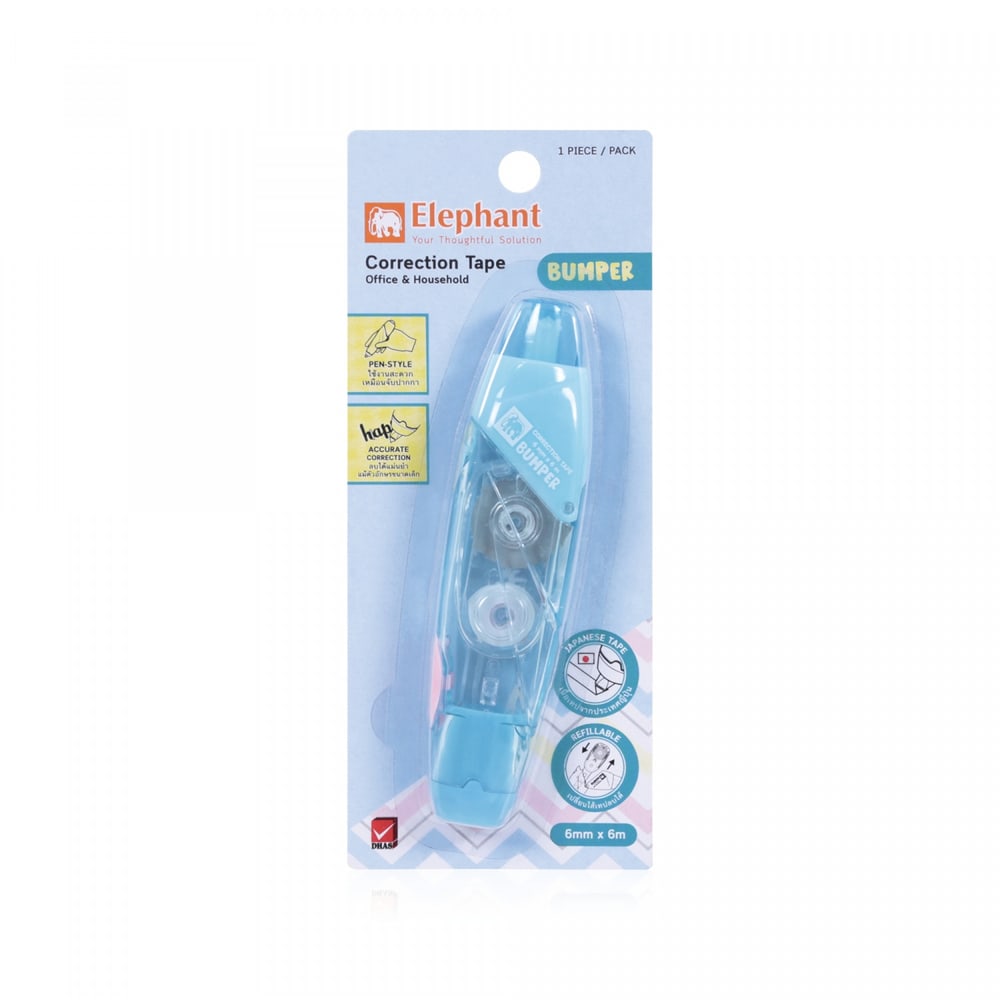 Elephant ตราช้าง เทปลบคำผิด ขนาด 6nm.x6m. รุ่น บัมเปอร์ คละสี (1x12)