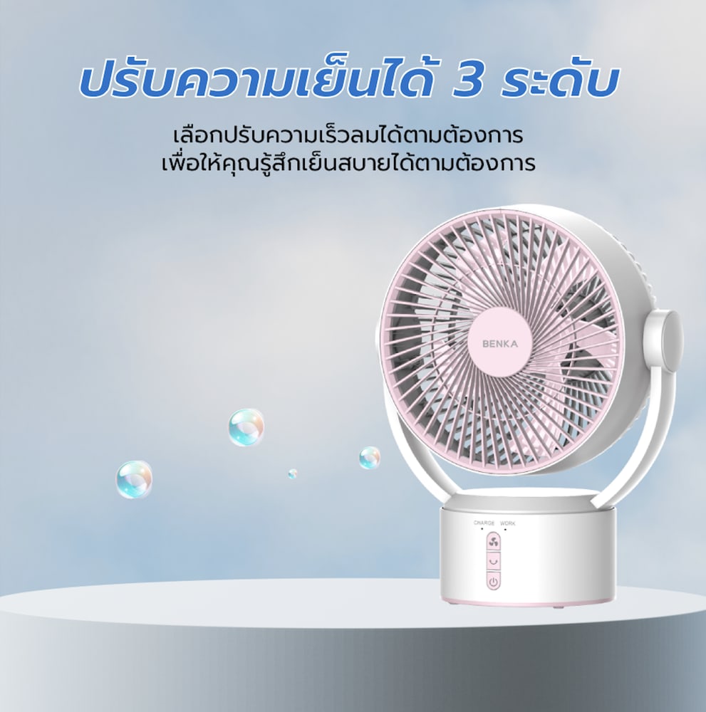 BENKA พัดลมตั้งโต๊ะชาร์จไฟแบบพกพา ขนาด 9 นิ้ว รุ่น KN-L2829 สีชมพู