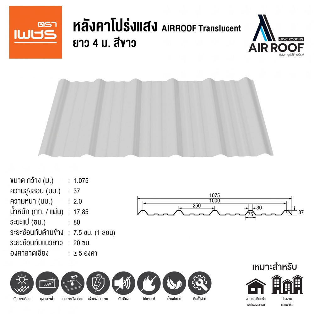 ตราเพชร หลังคาโปร่งแสง AIRROOF Standard 4m สีขาว