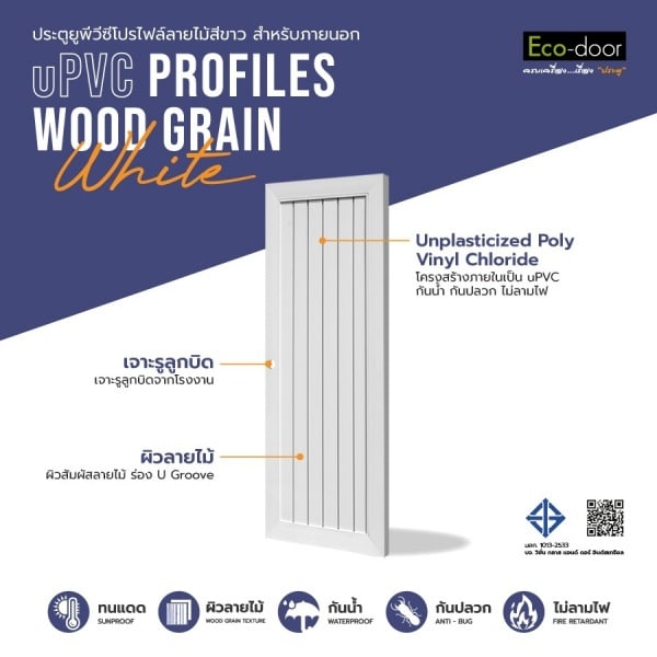 ECO-DOOR ประตู UPVC โปรไฟล์ รุ่น TLW 1 ภายนอกและภายใน ขนาด 80x200 ซม. สีขาว (เจาะลูกบิด)