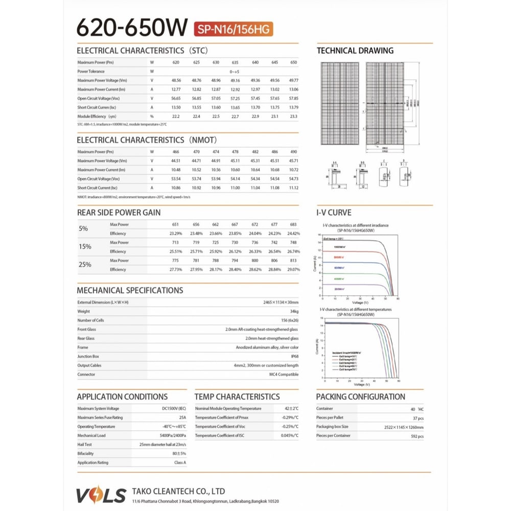 VOLS แผงโซล่าเซลล์ 625W MONOCRYSTALLINE รุ่น SP-N16/156HG N-Type Bifacila 2,465 X 1,134 X 30mm สีดำ
