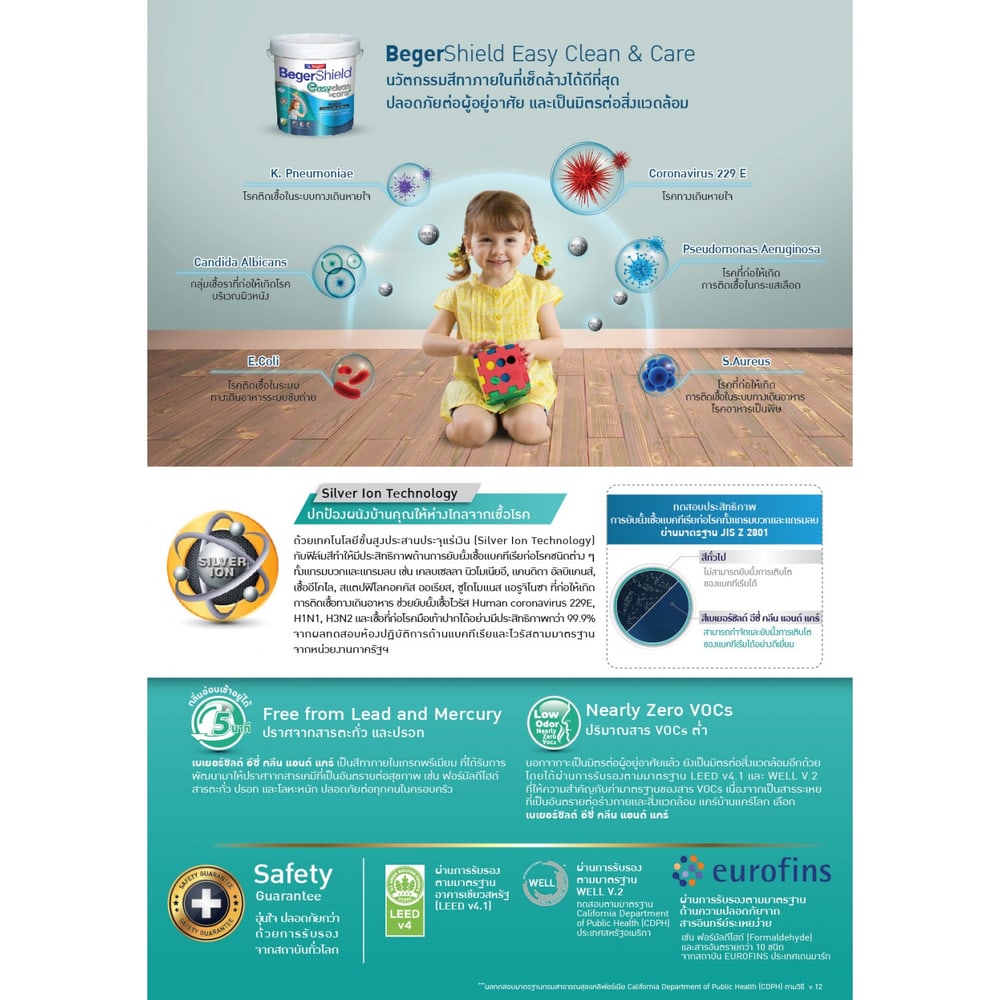 Beger สีน้ำภายใน ชนิดกึ่งเงา รุ่น เบเยอร์ชิลด์ อีซี่ คลีนแอนด์แคร์ ขนาด 9 ลิตร เบส D