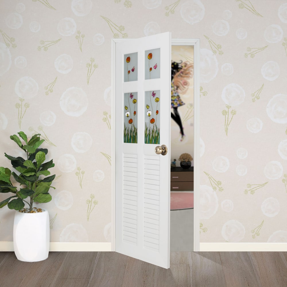 WELLINGTAN ประตู UPVC พร้อมวงกบ กระจกเพ้นท์ลายดอกไม้ KN-04 ขนาด 70x200 ซม. สีขาว (ไม่เจาะรูลูกบิด)