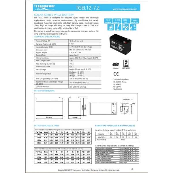 Transpower แบตเตอรี่ 12V 7.2A รุ่น TGEL12-7.2 สีดำ N.
