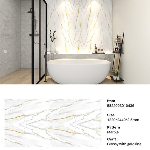 GREAT WOOD บอร์ด SPC ลายหินอ่อนเคลือบ UV รุ่นJF122025-UV-LJ80005T Size122x244x0.25cm. ลายริ้วทองหินอ่อน