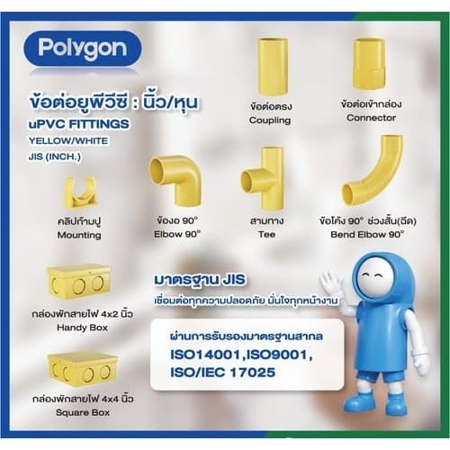 Polygon ข้อโค้ง90 ช่วงสั้น(ฉีด) ร้อยสายไฟJIS 3/4 นิ้ว(20) สีเหลือง